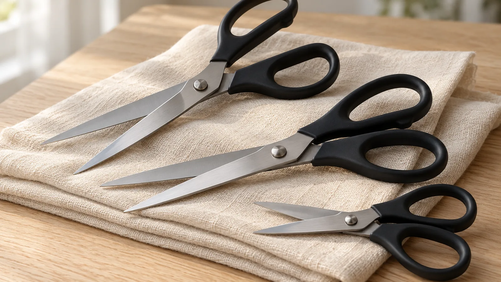 10 Best Fabric Scissors for 2026 1 Fabric scissors with long steel blades and black handles resting on folded cream linen on a wooden table