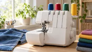 Serger sewing machine with thread cones beside folded denim and knit fabric on a wooden sewing table