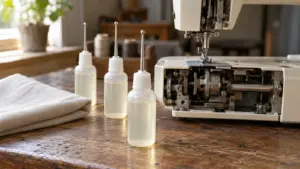 Three unlabeled bottles of sewing machine oil with thin spout tips beside an open sewing machine