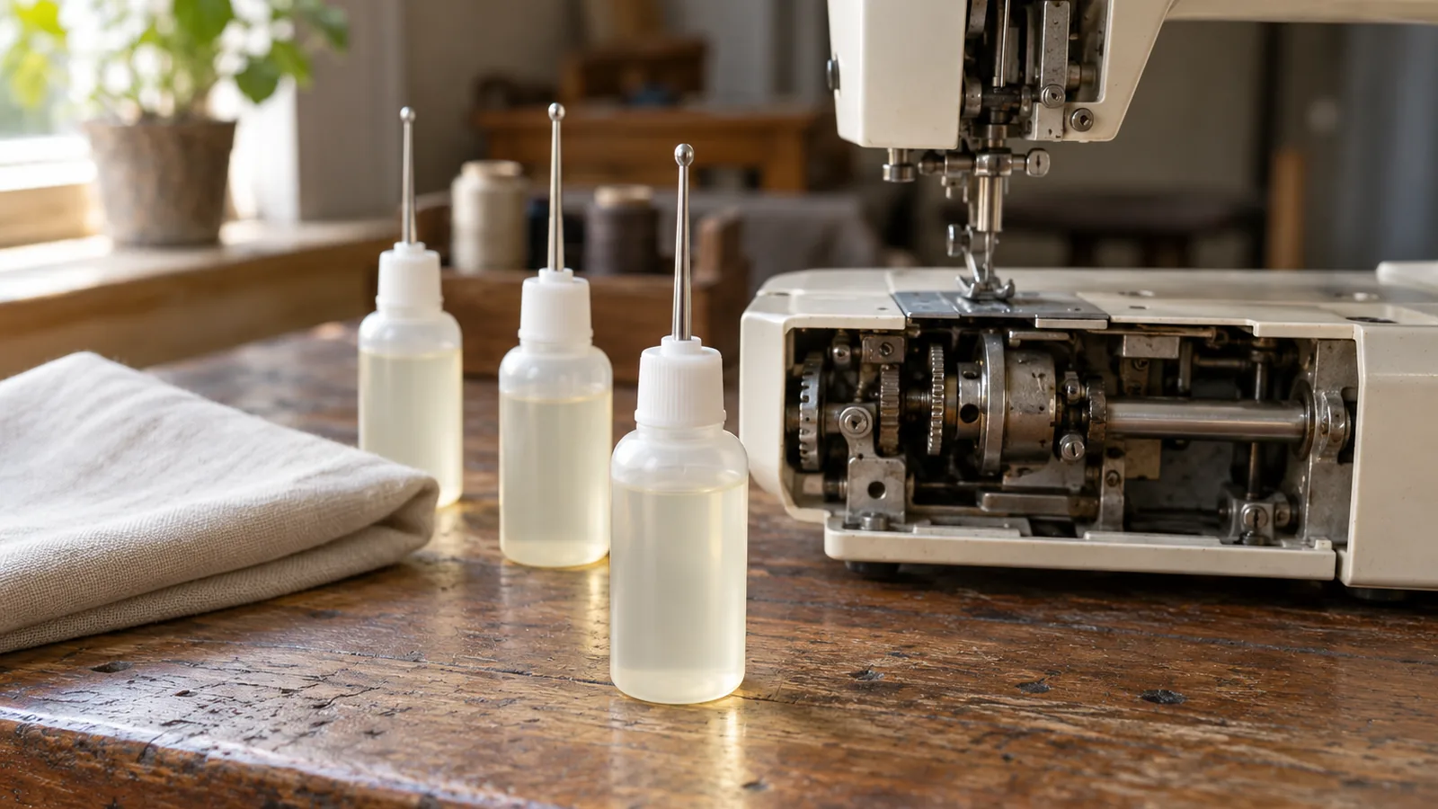 Three unlabeled bottles of sewing machine oil with thin spout tips beside an open sewing machine