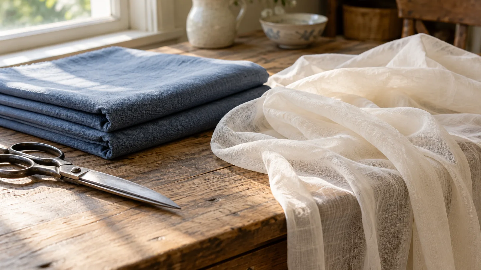 Stiff cotton quilting fabric beside soft, sheer lawn draping over a wooden sewing table by a window