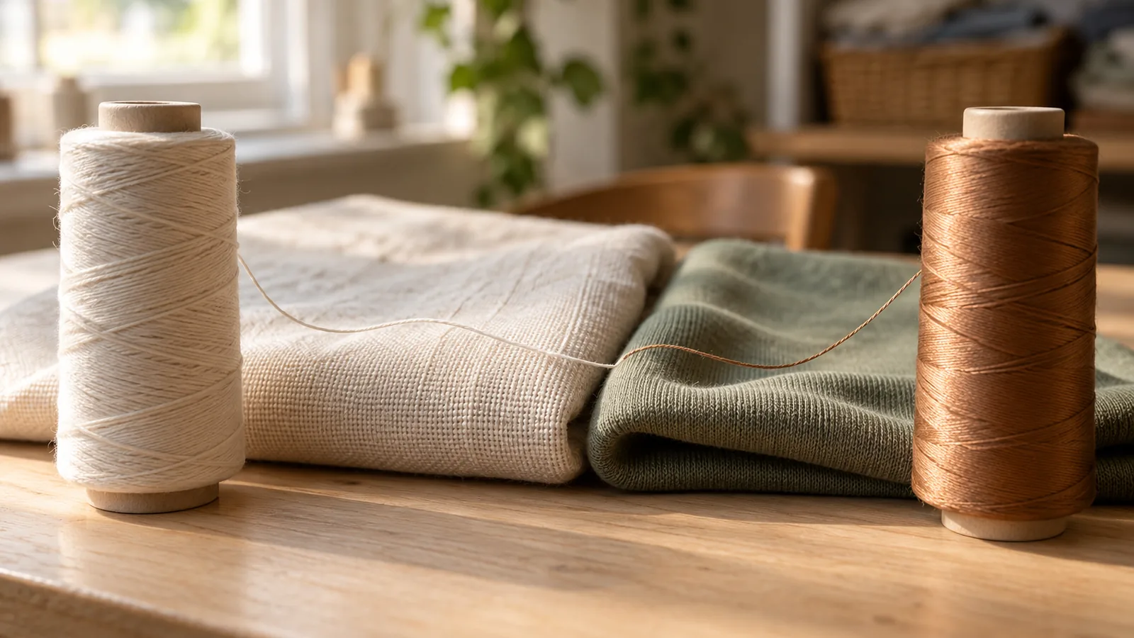 Polyester vs Cotton Thread: Which Should You Use? 1 Matte cotton thread spool and glossy polyester thread spool on a wooden table beside woven and knit fabric swatches