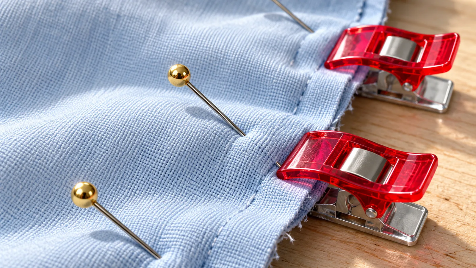 Straight pins with glass heads pierce blue fabric layers beside metal clips gripping the raw edge on a wooden table